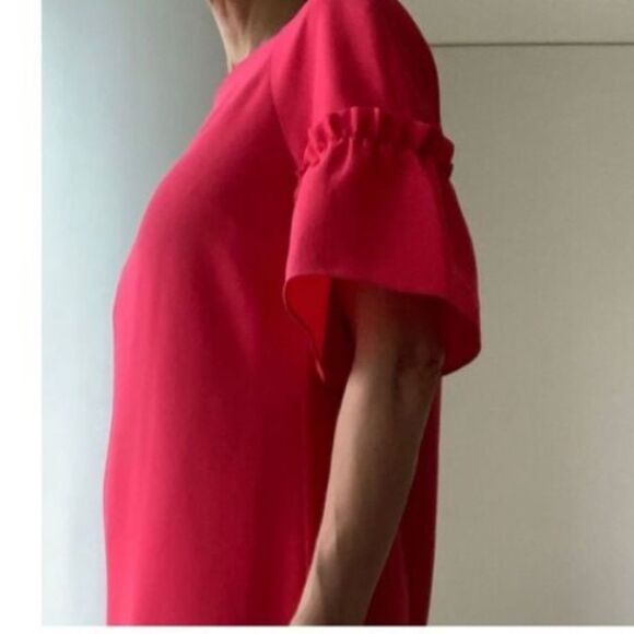 Banana Republic Size M Ruffle Puff Sleeve Mini Shift Dress Fuchsia Summer Staple - Picture 3 of 9
